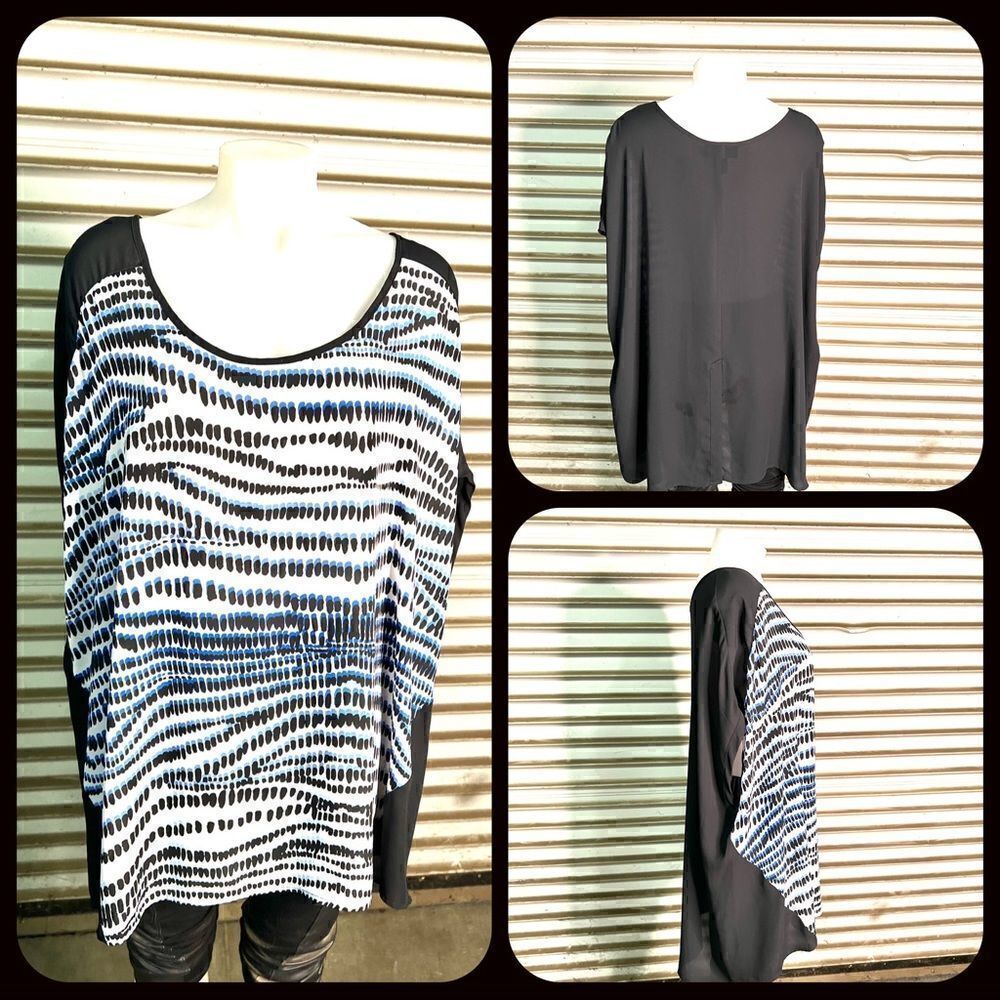 Lane Bryant too short sleeved billowy blue & black geometric sheer size 26/28
